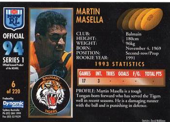 1994 Dynamic Rugby League Series 1 #6 Martin Masella Back